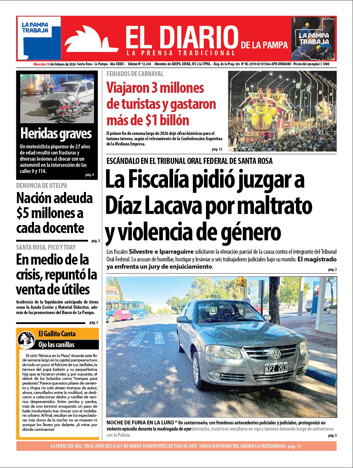 Tapa de El Diario en papel  mieacutercoles 18 de febrero de 2026